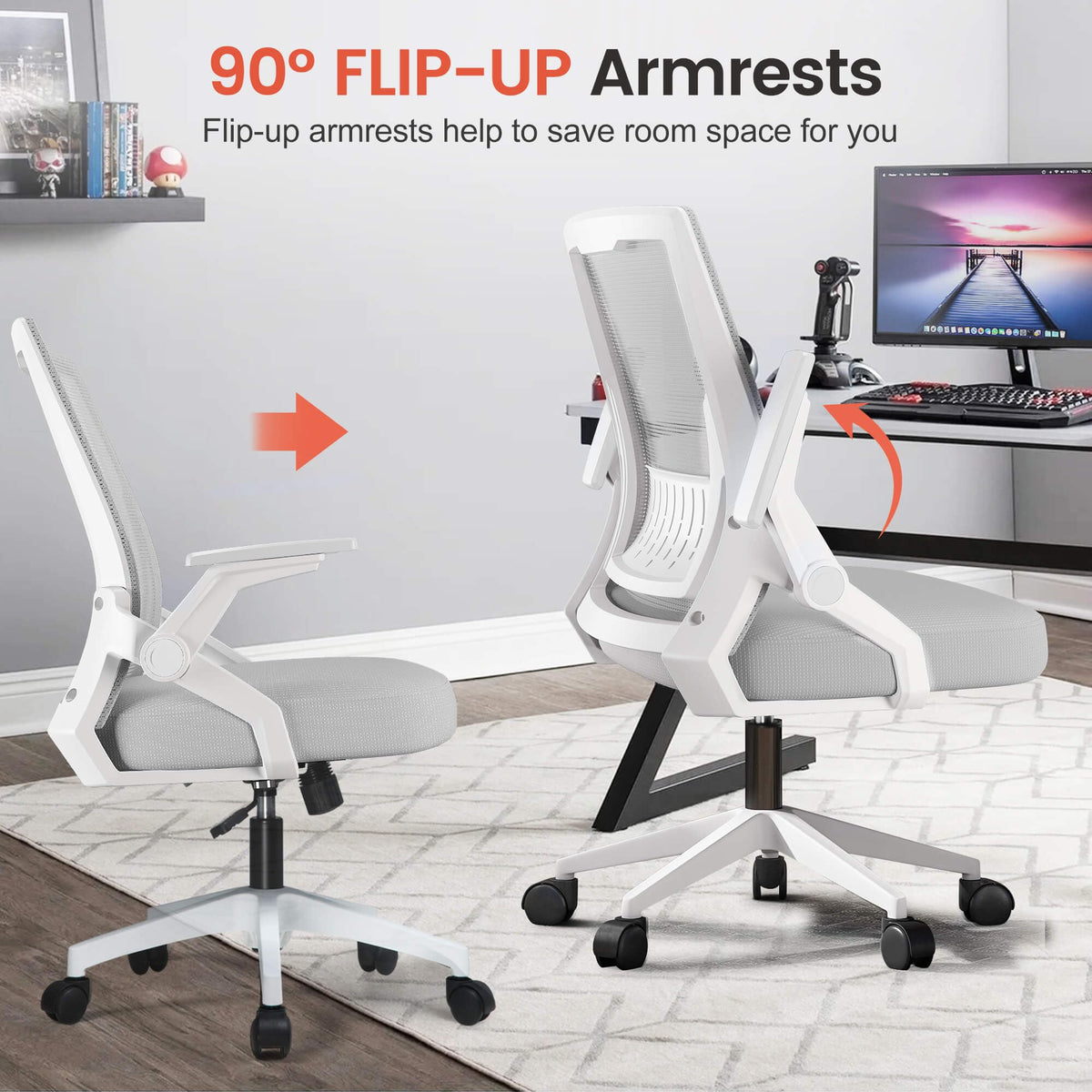 GTPLAYER Ergonomic Office Chair with Flip-up Armrests Executive Computer Chair for Home Office, Breathable Mesh & Comfy Lumbar Support, Moon Gray