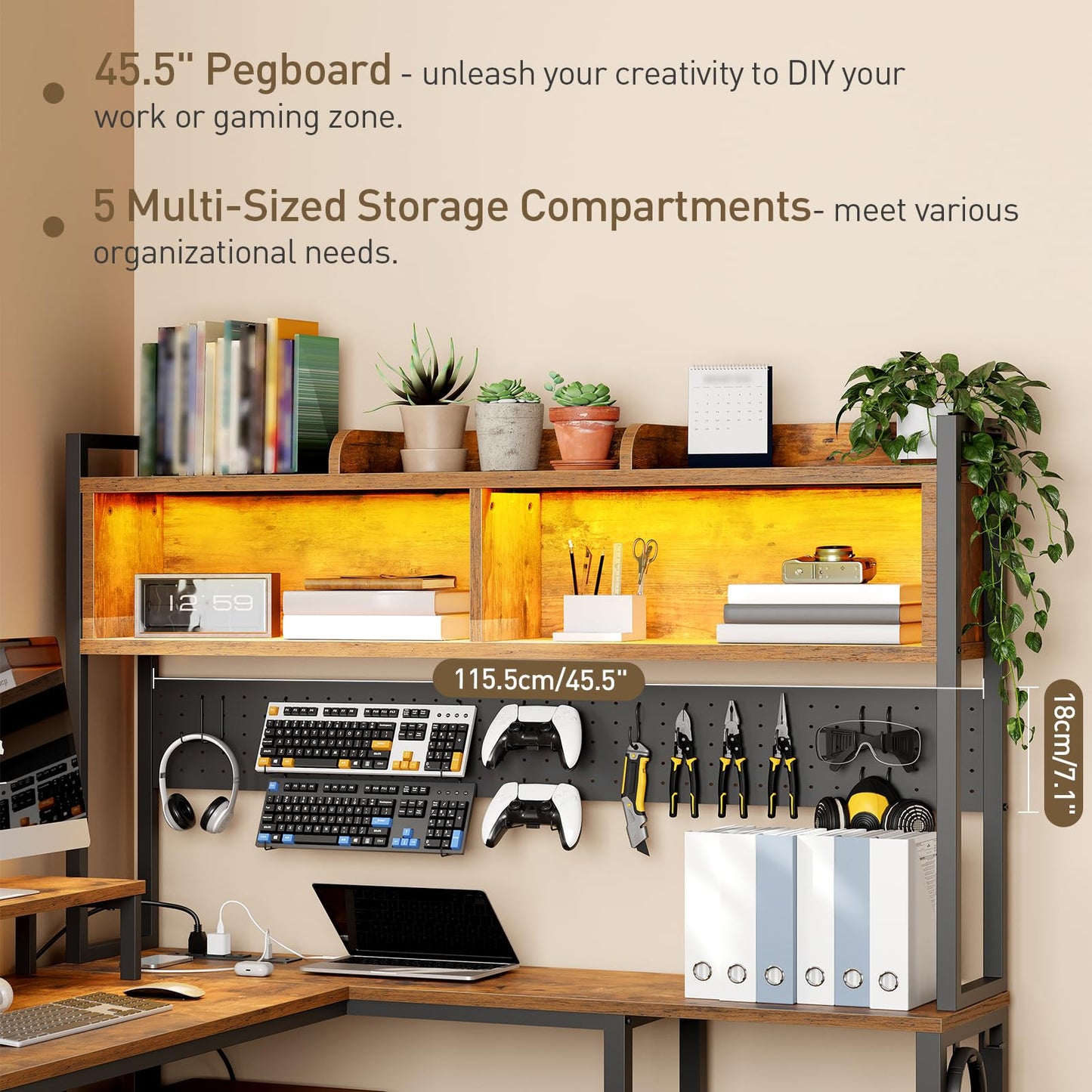 RALGEND 75" L Shaped Gaming Desk with Hutch, L Shaped Desk with Drawers, LED Light, Power Outlets & Pegboard, Corner Desk with Storage Shelves & Monitor Stand for Home Office, Rustic Brown and Black