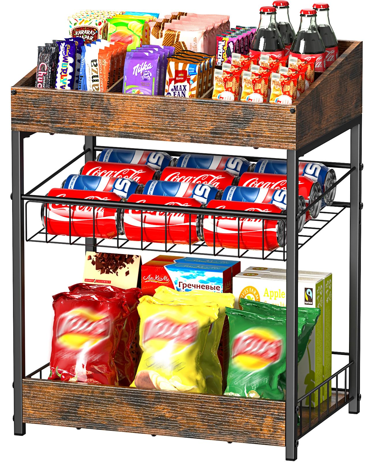 Kssiaz Candy Display Rack, 3 Tier Snack Rack Display for Countertop, Snack Organizer for Pantry, 6 Adjustable Compartment, Retail Display Shelf for Kitchen, Counter, Office, Brown