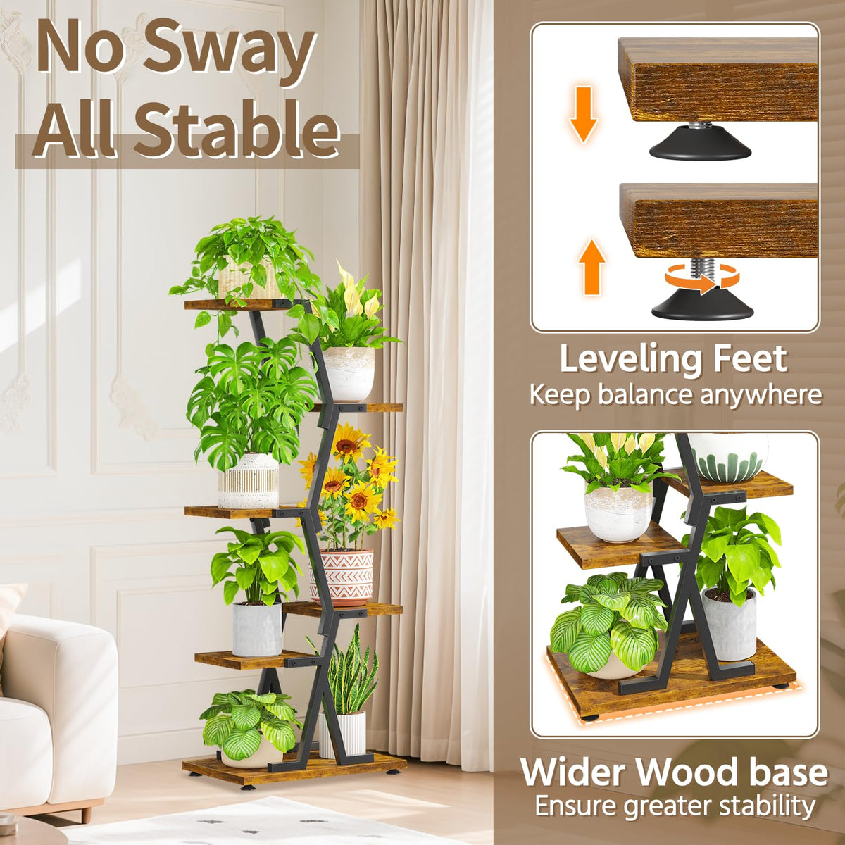 LASZOLA 5 Tier Tall Wood and Metal Plant Stand Indoor for Heavy Duty Planter, Large Multi Level Vertical Flower Shelf for Narrow Corner, Sturdy Rustic Rack Holder for House Patio, Space Saving, Black