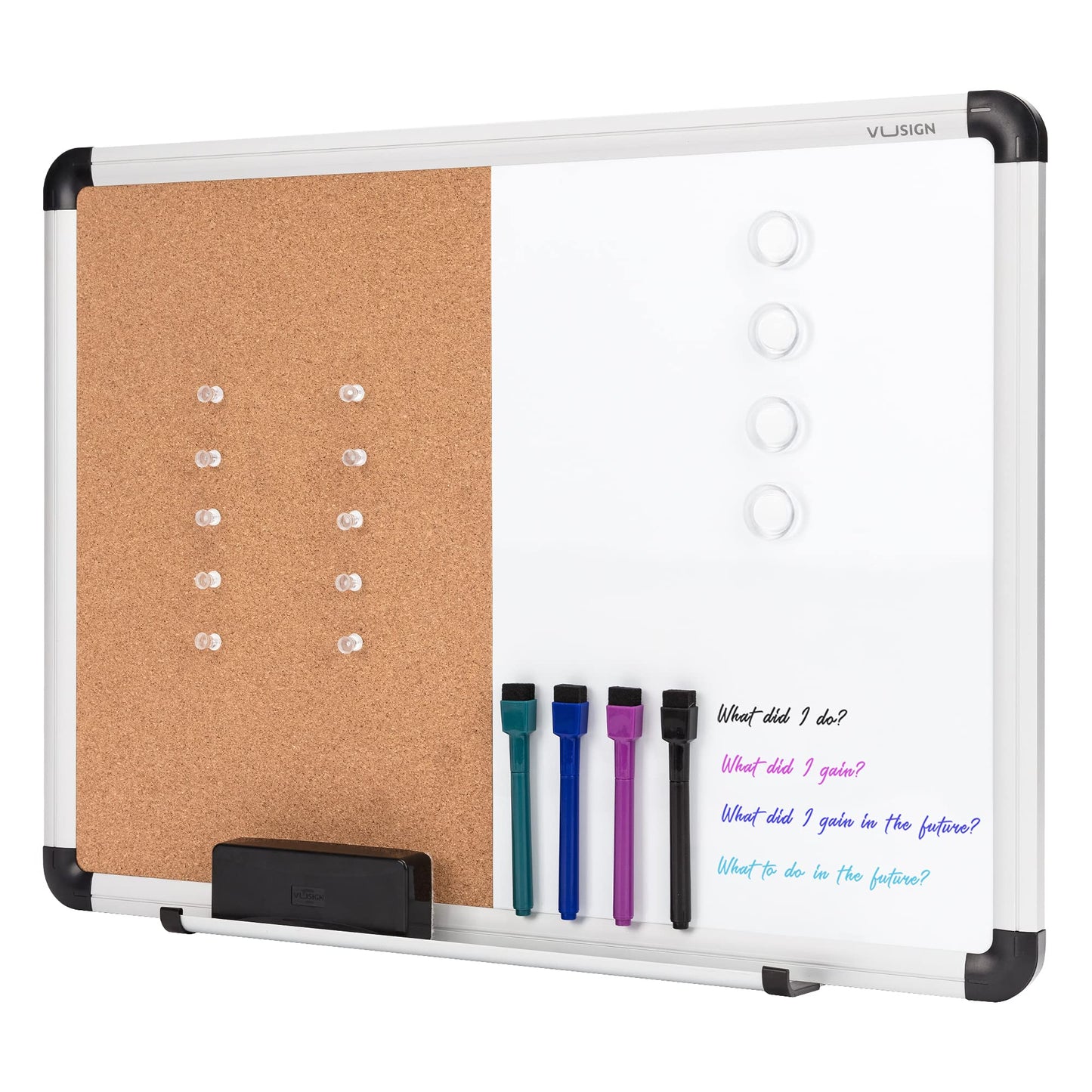 VUSIGN White Board and Cork Board Combination, 17" x 23" Dry Erase Board and Corkboard Combo for Home or Office, Wall Mounted Notice Bulletin Board with Aluminum Frame