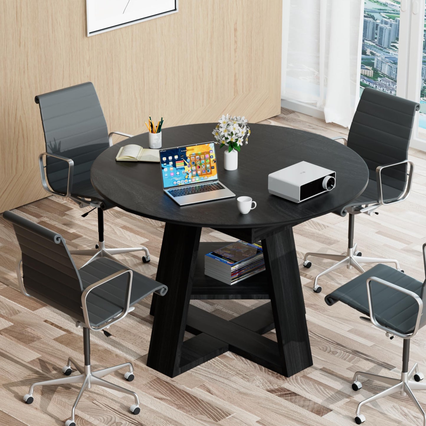 43.3in-59in Extendable Round Conference Table for 4-6 People,Wooden Oval Meeting Room Table with Removable Leaves,Space Saving,Office Table with Storage Shelf for for Office Conference Room