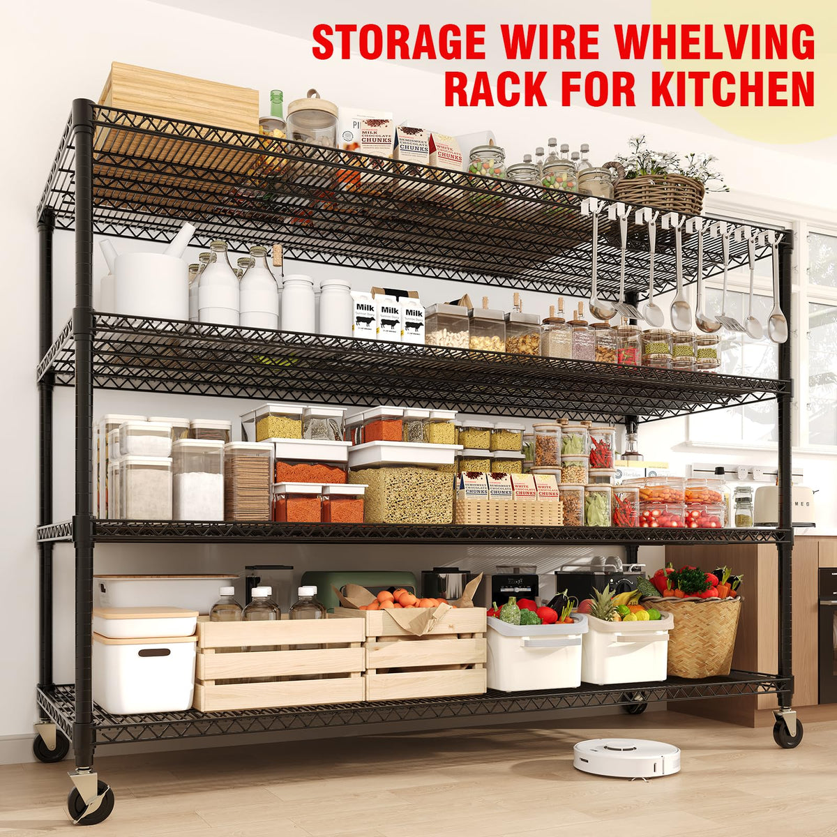 4-Tiers Storage Shelves 73" H Heavy Duty Metal Shelving with Wheels, 2640LBS Load Wire Shelving Rack Garage Shelves for Pantry Kitchen Industrial Warehouse Office, 59" W x 23.9" D