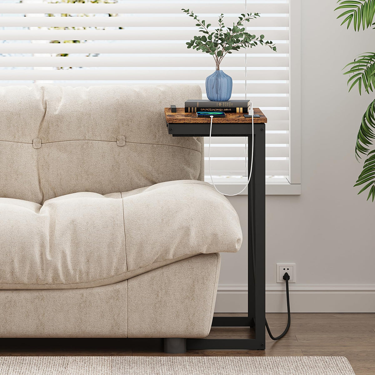 TUTOTAK C Shaped End Table with Charging Station, Tilting Laptop Stand Side Table, Under Couch Table for Living Room Bedroom, Brown TB01BB090