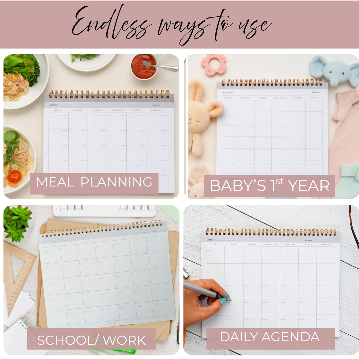 Paper 'n Such- Blank Calendar, Undated Monthly Planner, Simple Desk Agenda -DIY Custom Scrapbook for Photos -15 Sheets, Spiral Bound, Large 8.5x11", Customizable for Home, Office, or School