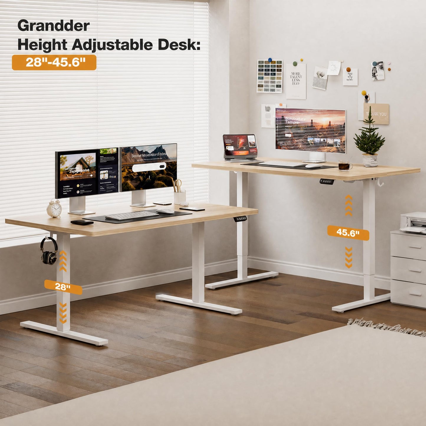 Grandder 55x32 Large Electric Standing Desk, Height Adjustable Computer Desk with 2 Memory Presets, 31.5" Deep Desktop Sit Stand Desk Home Office Desk Workstation Table with Hooks, Light Walnut