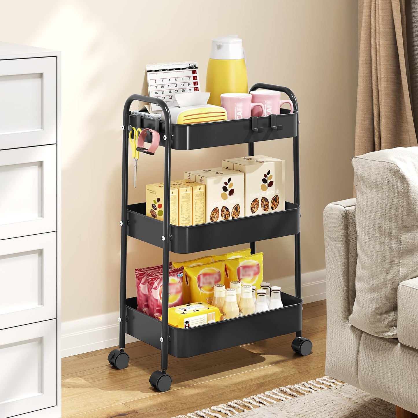 TOOLF 3 Tier Rolling Storage Cart, Metal Utility Cart with Hooks Trolley on Wheels Storage Organizer Serving Cart Mobile Craft Cart for Office, Bathroom, Kitchen, Kids' Room, Classroom Black