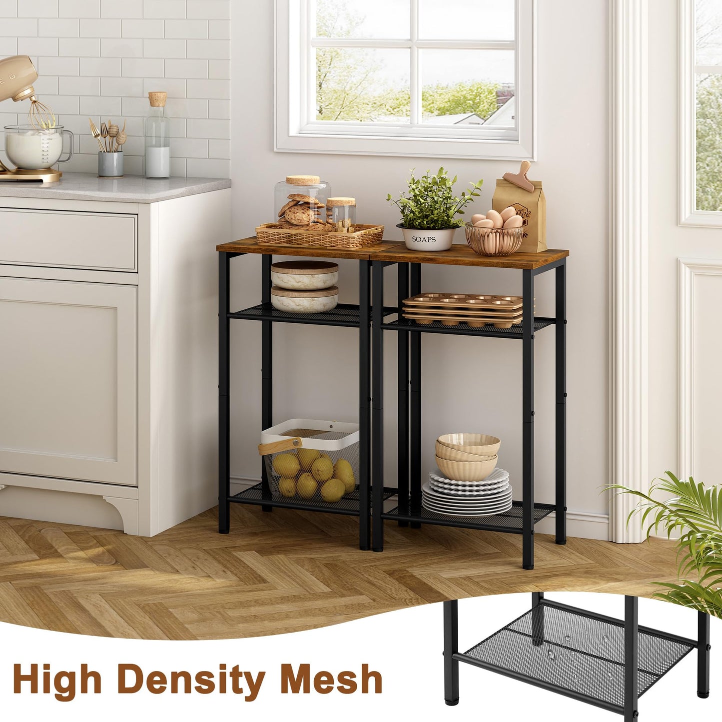Hoctieon 2-Set 3 Tier End Table, Telephone Table Set of 2, Tall Side Table with Storage Set of 2, Small Nightstand for Small Spaces, Metal Frame, for Living Room, Bedroom, Sofa Couch, Rustic Brown