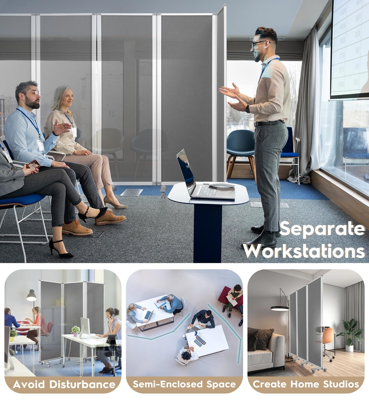 SWANCROWN Folding Office Partition 3-Panel Room Divider 71x71 in, Sliding Privacy Screen Portable Temporary Wall for Cubicle, Studio & Home Office, Soundproof Grey Felt