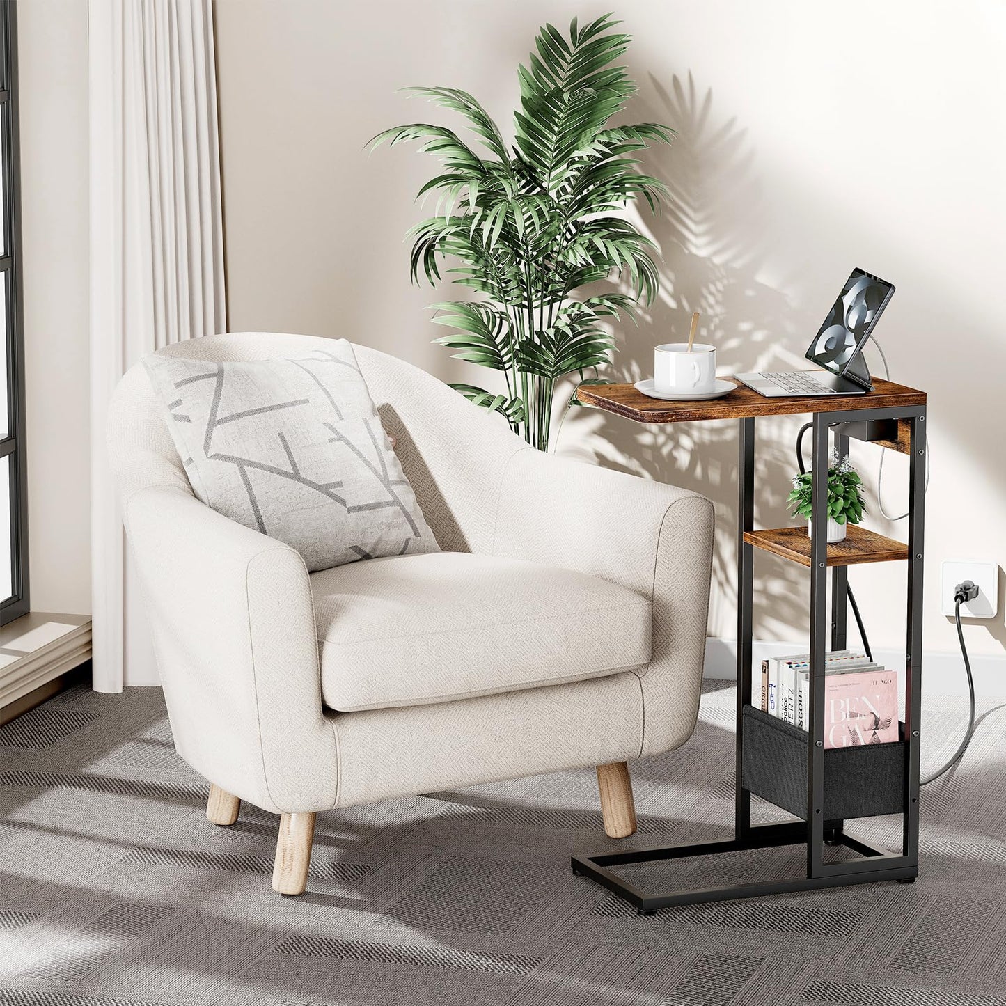 Yuede C Shaped End Table with Charging Station,3-Layer Sofa C Table Side Table, Slide Under Sofa Desk Snack Tables with Storage Bag w/AC U-S-B Port & Socket,Small Spaces Drink Tables for Living Room
