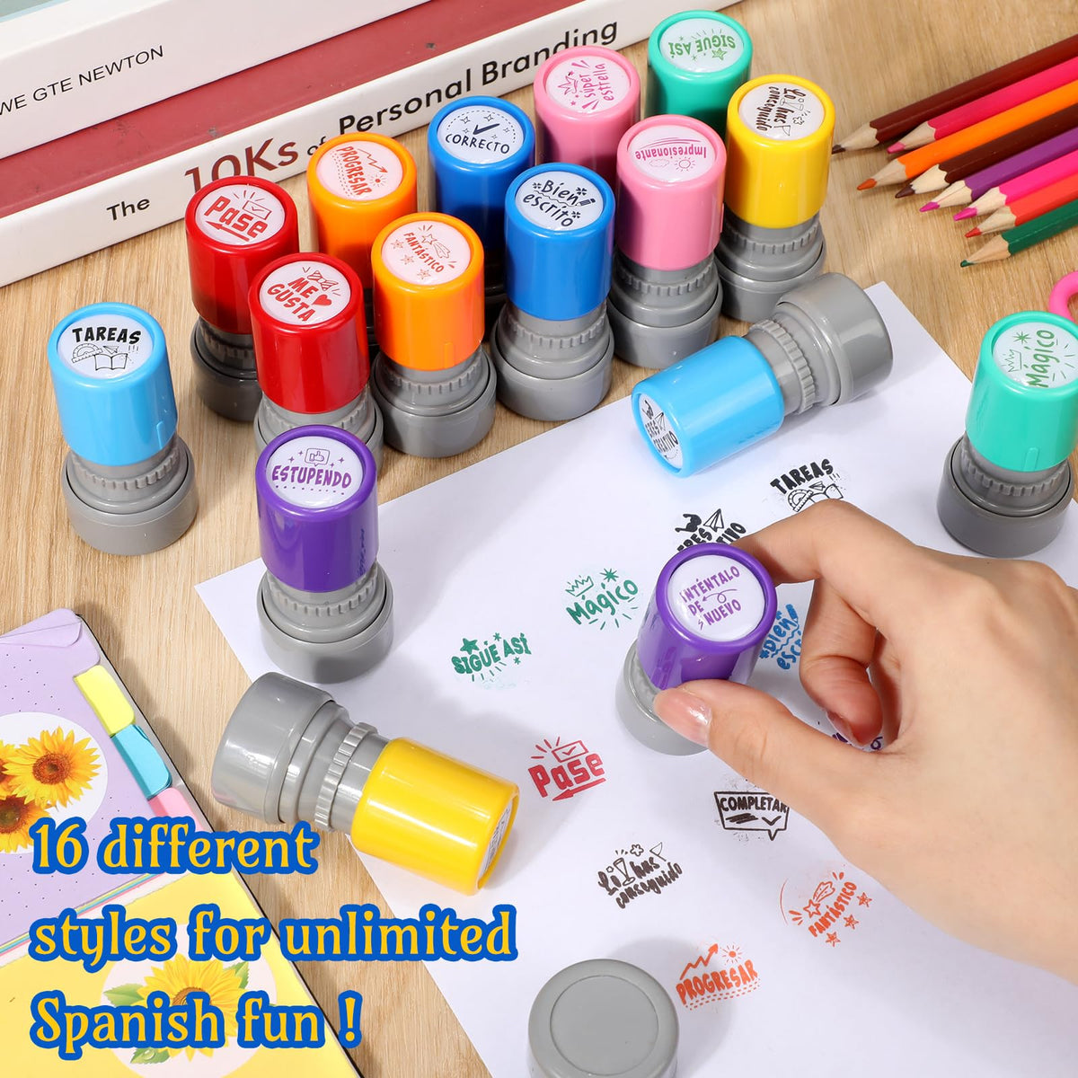 Jetec 16 Pcs Spanish Teacher Self Inking Stamps Teacher Gifts Motivation Grading Stamps for Signature Homework Reward Supplies(Round)