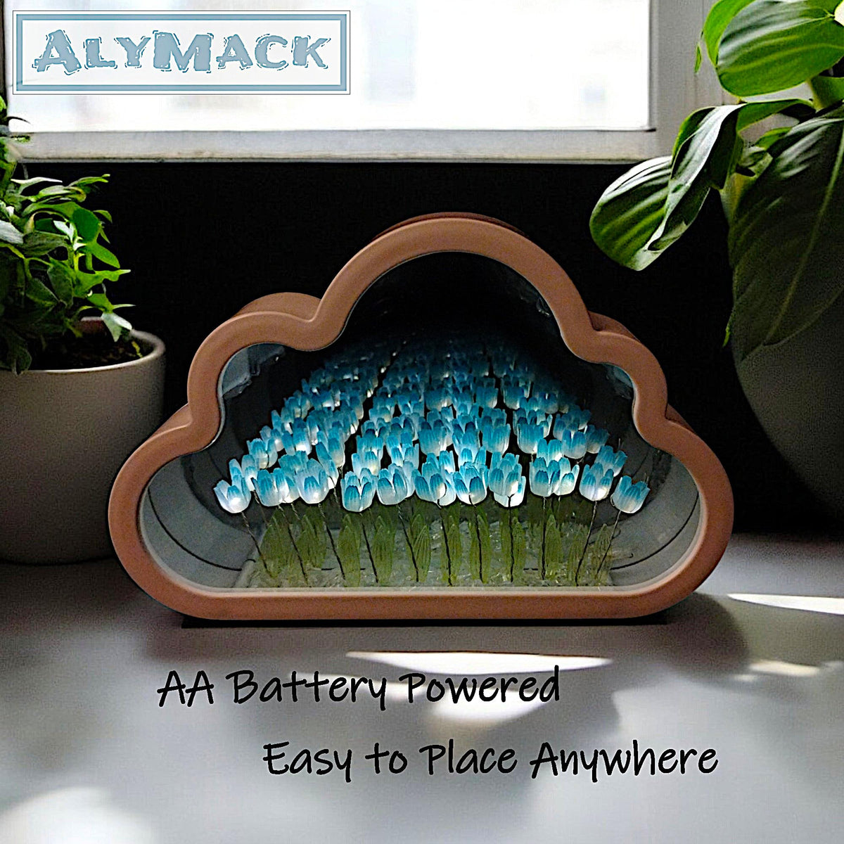 ALYMACK Handmade Tulip Lamp Fully Assembled - Flower Night Light Cuteness Lamps - Tulip and Rose Infinity Mirror in a Glass - Gift for Women or Girl - Lampara de Tulipanes Infinitos (Blue, AA)