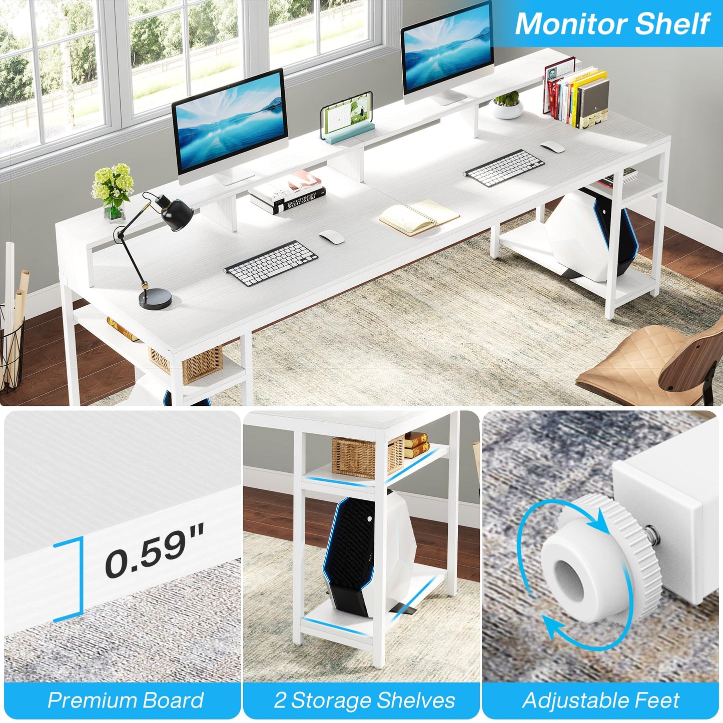 Tribesigns Two Person Desk with Monitor Stand, 78.74" Long Double Computer Office Desk with Storage Shelves, Large Gaming Desk Study Writing Table Workstation for Home Office (White)