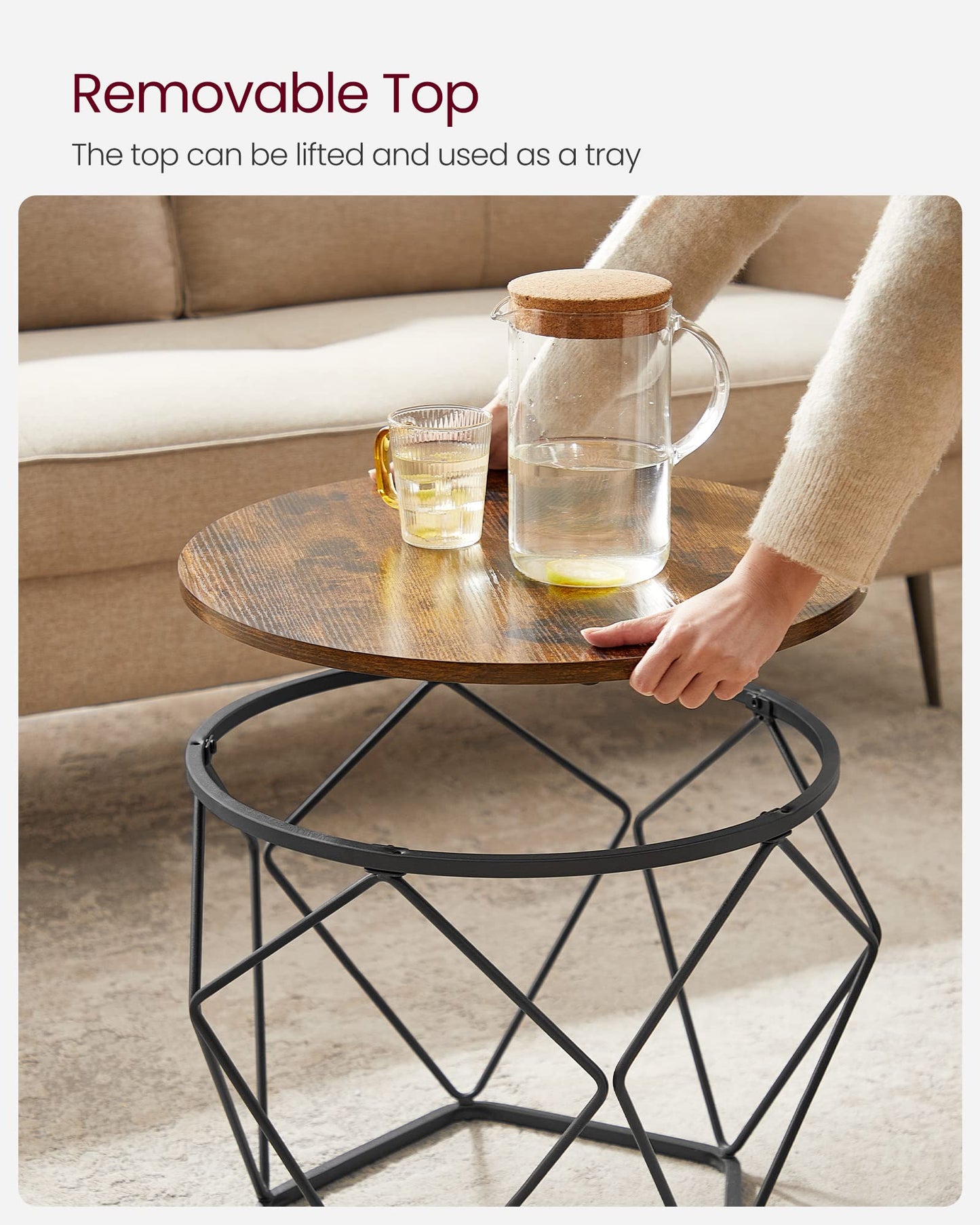 VASAGLE Small Coffee Table Set of 2, Round Coffee Table with Steel Frame, Side End Table for Living Room, Bedroom, Office, Rustic Brown and Ink Black