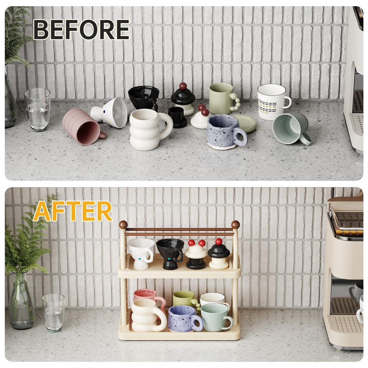 NiHome Matcha Station Organizer Shelf, Multi-Tier Matcha & Coffee Stand, Plastic Countertop Mug Cup Bottle Display Tray Holder for Tea and Coffee Bar Accessories
