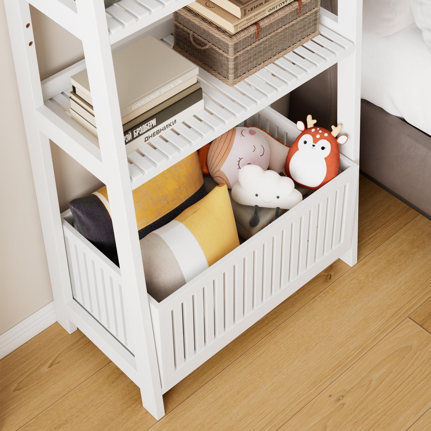 Bamjoy Bamboo White Bookshelf with Slatted Basket, Ladder Bookcase with 4 Display Shelves and 1 Open Storage Basket, Multifunctional Storage Rack Organizer for Home Office, Bedroom, Living Room, 66” H