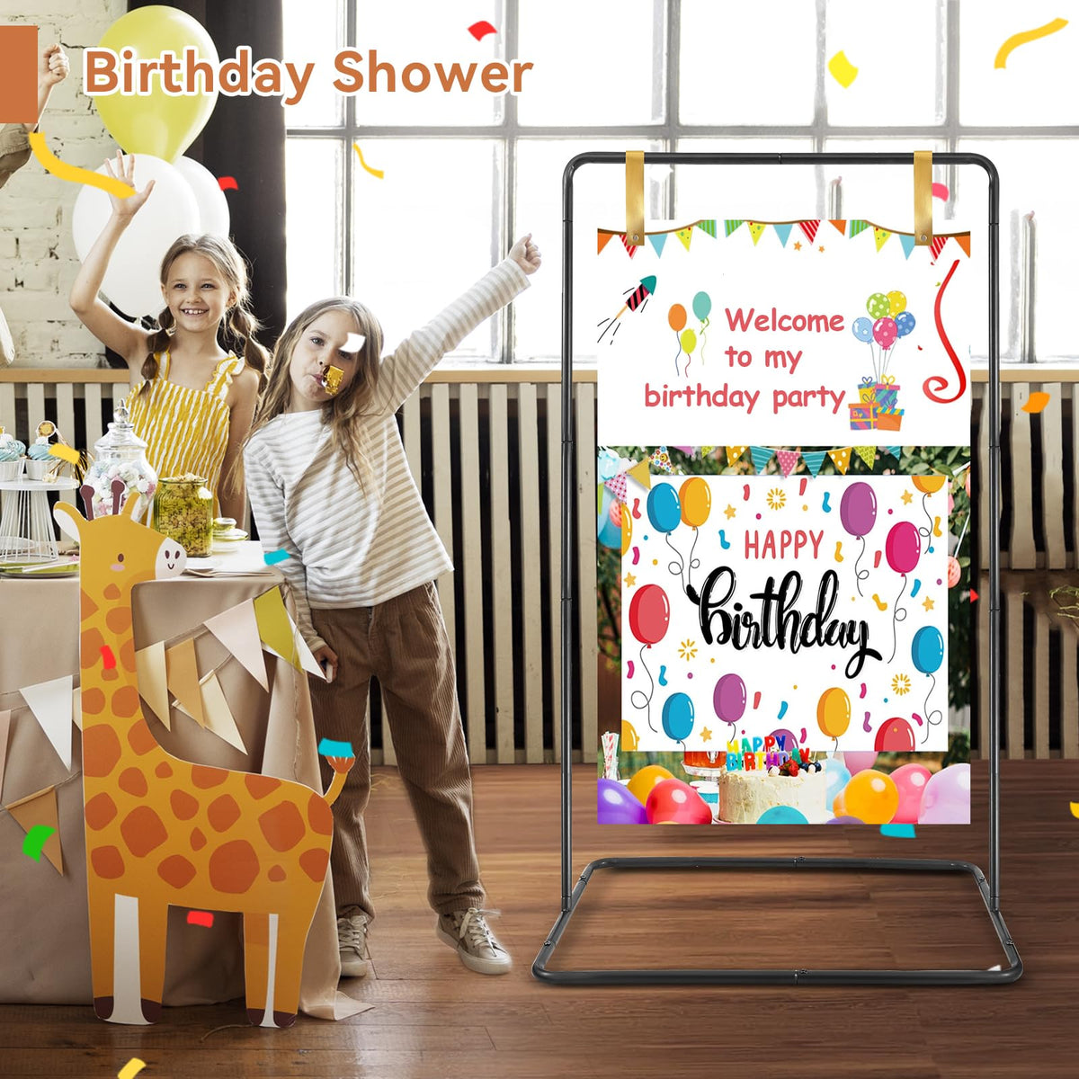Wedding Welcome Sign Stand, 68”x31”x 20” Heavy Duty Easel Stand for Sign with 4 Leather Strap, Welcome to Our Wedding Sign Holder, Metal Floor Standing Easels for Valentines Day, Signs, Poster, Black