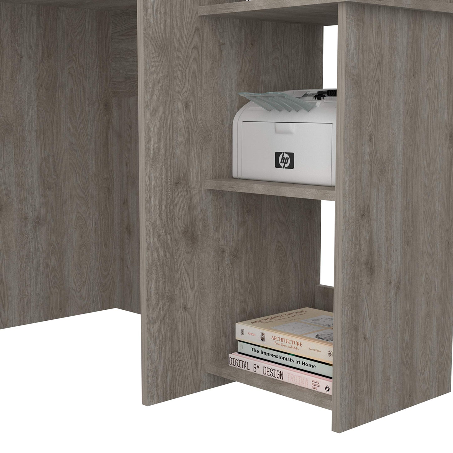 Tuhome Versalles Writing Desk with Two Superior Shelves, Five Side Open Storage Compartments, Space-Saving Modern Workstation Design for Studios and Offices, Ideal for Organization