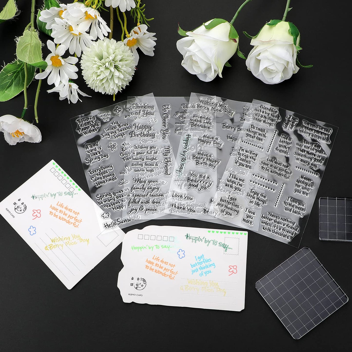 Chinco 4 Sheet Sentiments Rubber Clear Stamps Set for Card Making and DIY Scrapbooking Journaling 2 Acrylic Stamp Blocks with Grid Lines for Valentine Birthday Wedding Wife Husband Anniversary Card