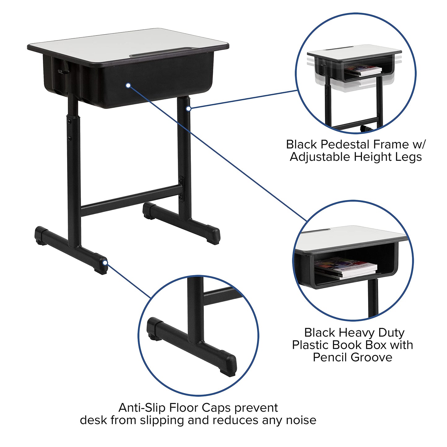 Flash Furniture Billie Open Front Student Desk for Classrooms or Remote Learning, Height Adjust School Desk with Book Box and Bag Hooks, Black/Gray