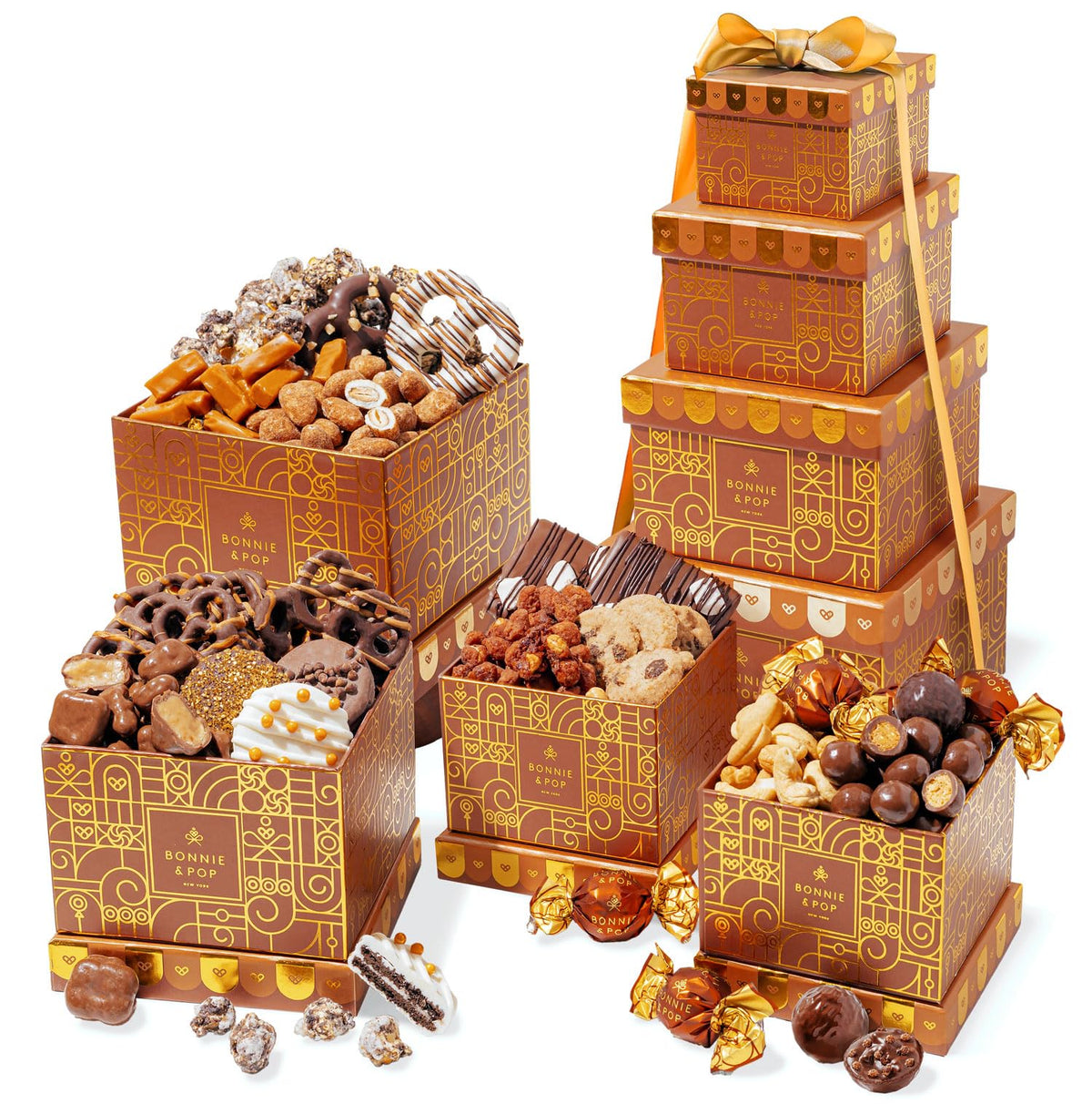 Gift Basket Tower, Chocolate Candy Snack Treat Gift Box Assortment - Men, Women, Corporate, Office, Employee, Appreciation, Thank You, Party- Bonnie and Pop (Chocolate)
