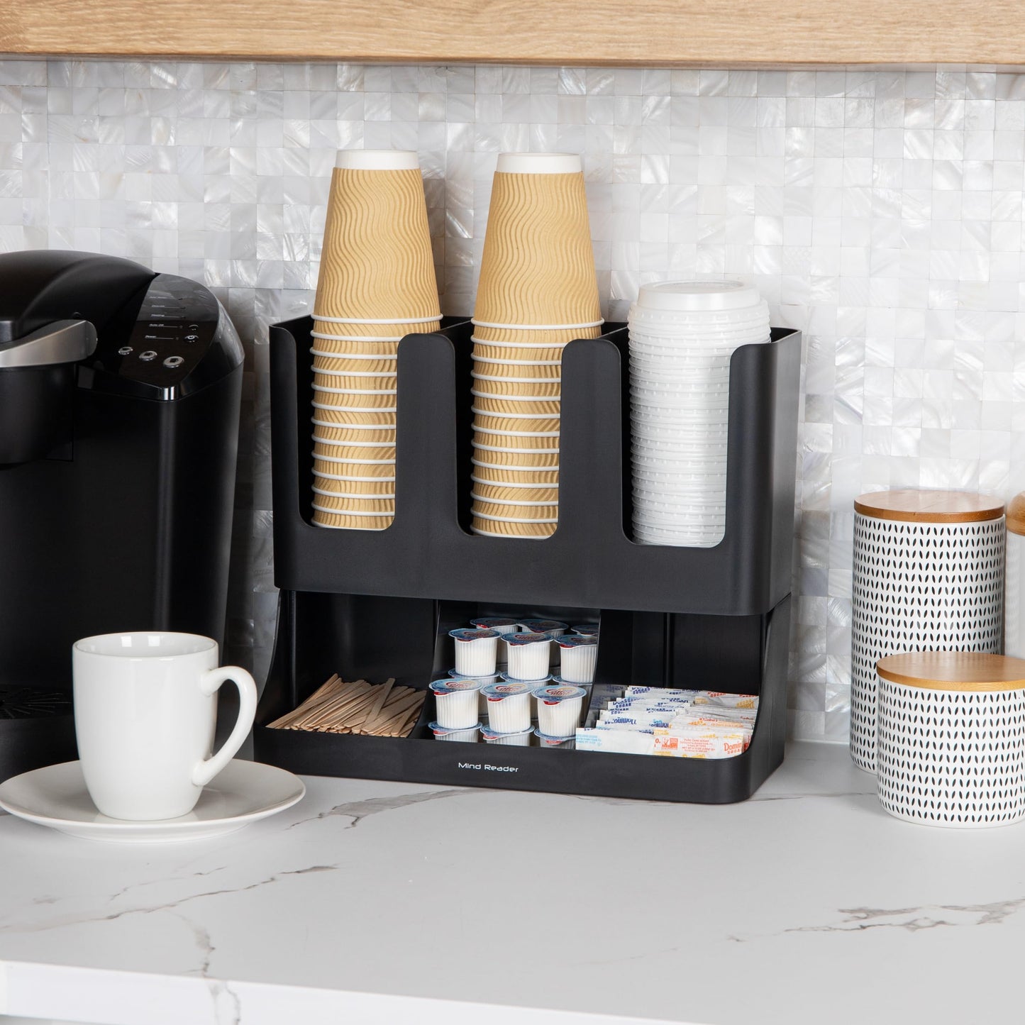 Mind Reader Cup and Condiment Station, 13 Inch Countertop Coffee Bar Organizer with 6 Compartments, Storage Caddy for Cups, Lids and Packets, Plastic, Black