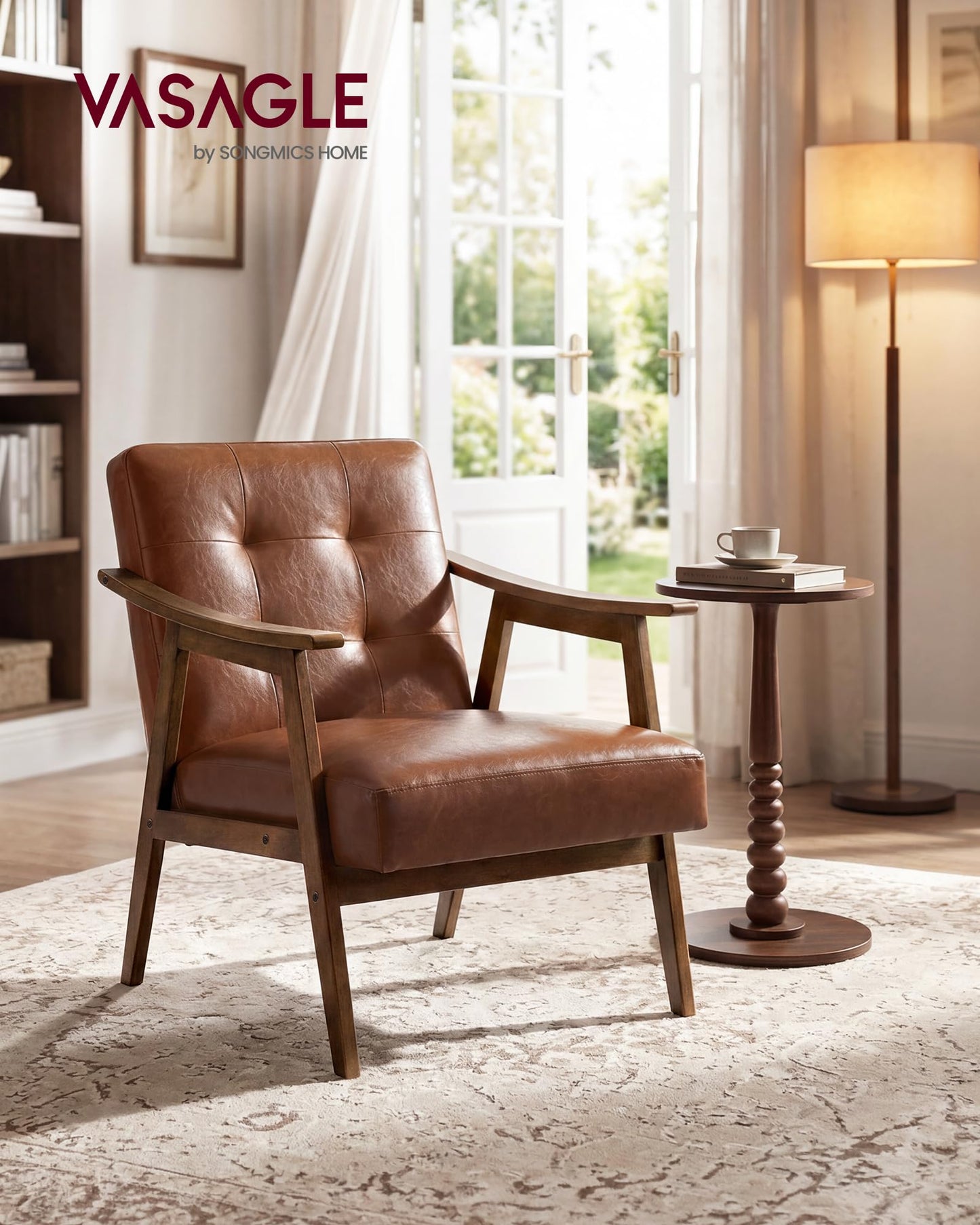 VASAGLE Accent Chair, PU Leather Armchair, Button Tufted Living Room Chair, Thick Cushion, Mid Century Modern Lounge Seating for Bedroom, Reading Nook, Home Office, Brown ULYY200KZ02S