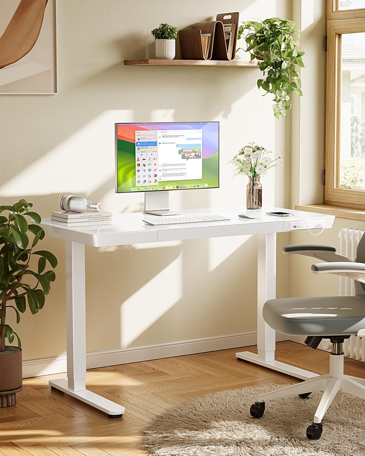 Marsail Glass Standing Desk with Drawer,55 x 28 inch Electric Standing Desk, Adjustable Height Desk with Storage & USB Charging Ports, One-Piece Standing Desk for Home & Office, White