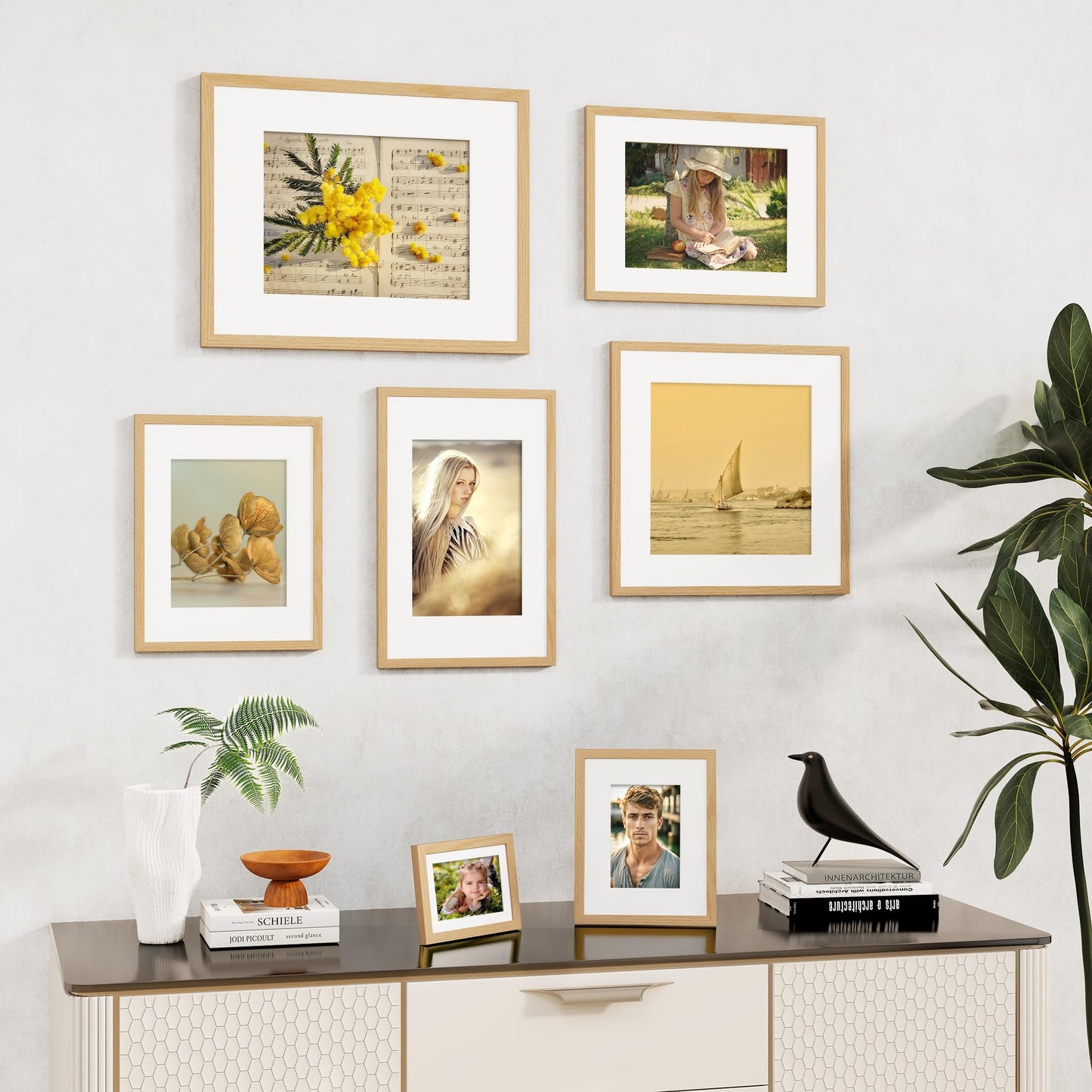 Fun Memories 5x7 Picture Frame Set of 6, Display Pictures 4x6 with Mat or 5x7 Without Mat, 5 x 7 Frame for Photos, Posters & Art Prints, Gallery Photo Frames for Wall & Tabletop Display, Natural