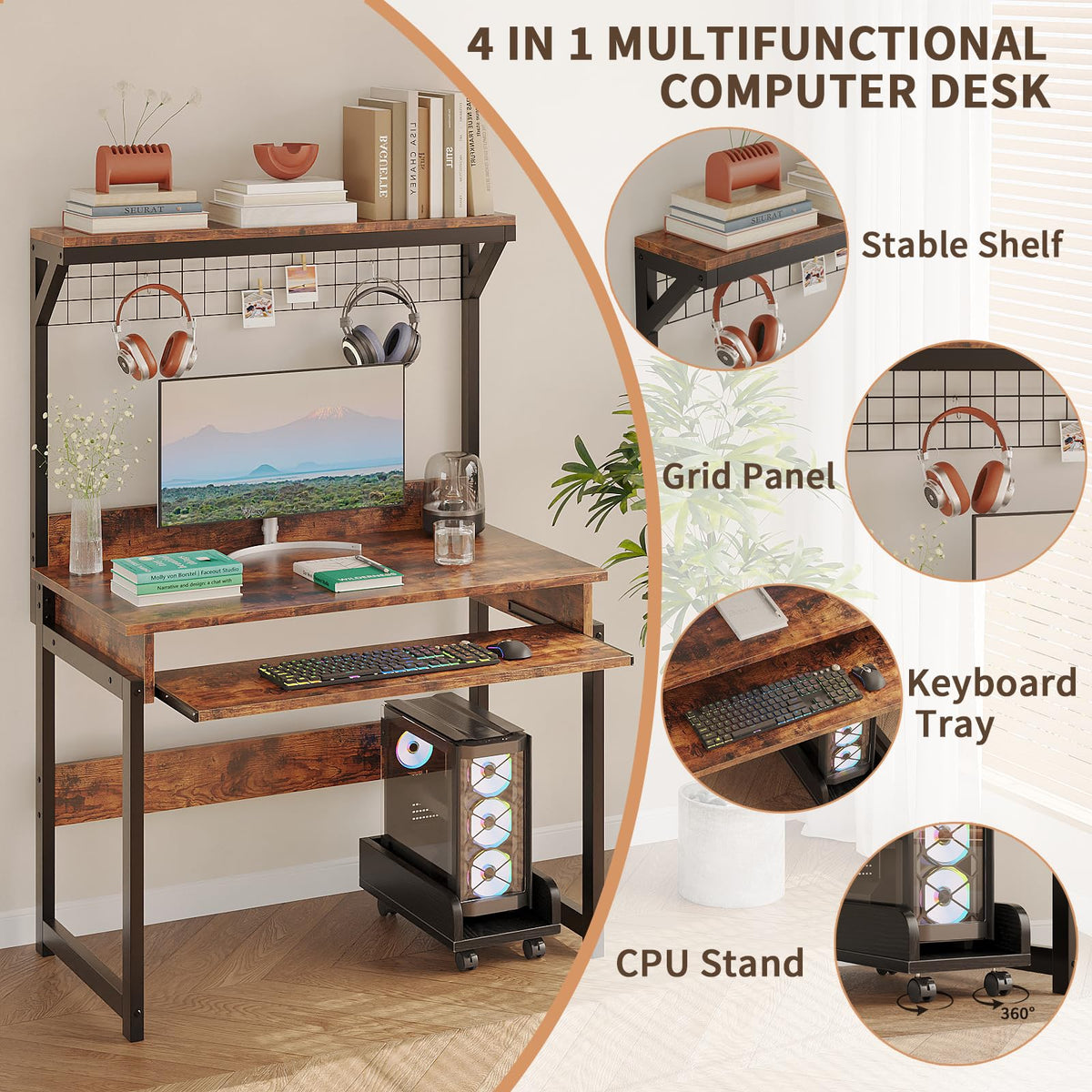 ALISENED 31.5" Small Computer Desk with Hutch, Office Desk Study Table Writing Desk Workstation PC Table for Home Office, Space Saving Design