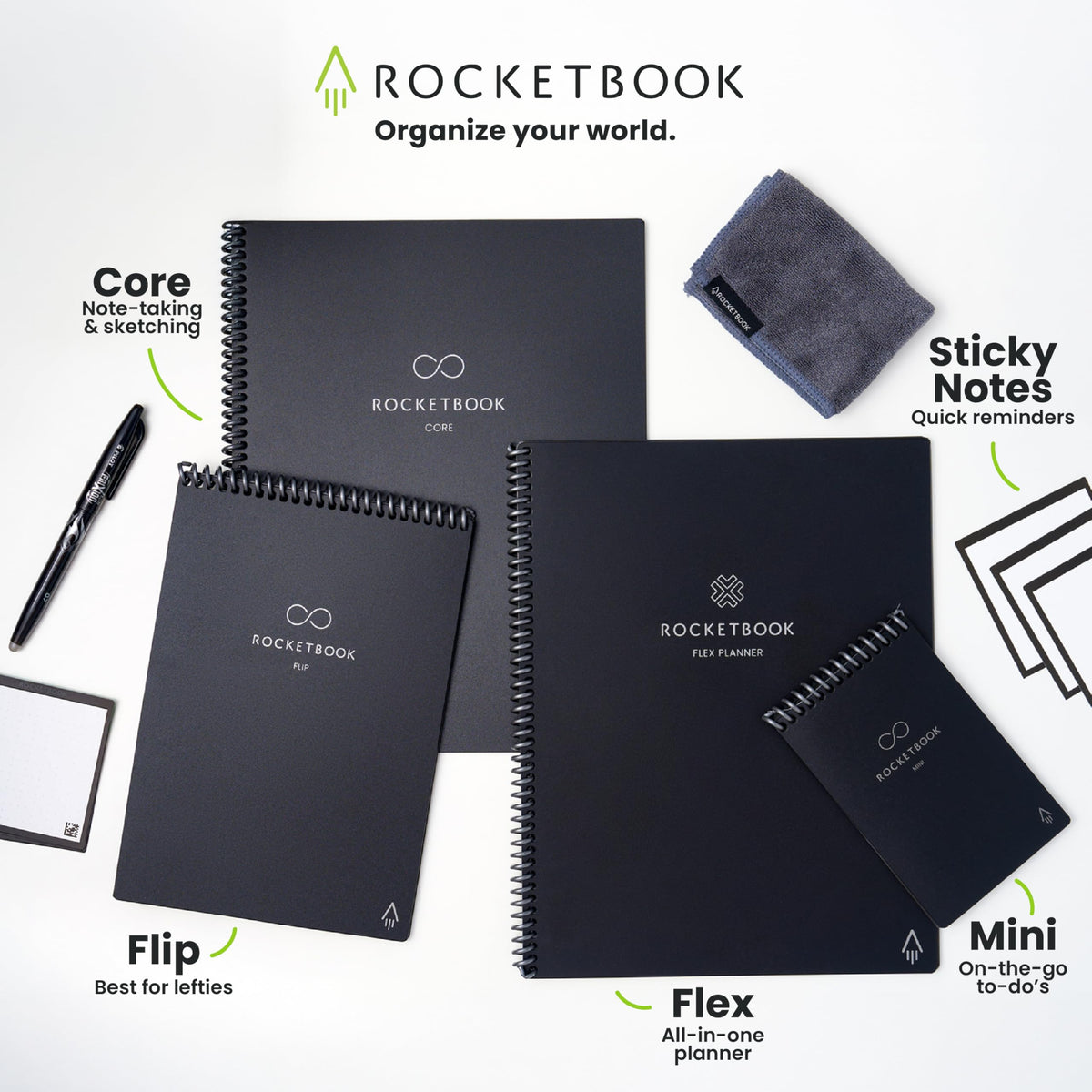 Rocketbook Reusable Sticky Notes Starter Pack, Restick and Reorganize Memo Pads, 3"x3", 15 Black Sticky Notes, Includes Pen, Towel + Carrying Case (Kit of 1)