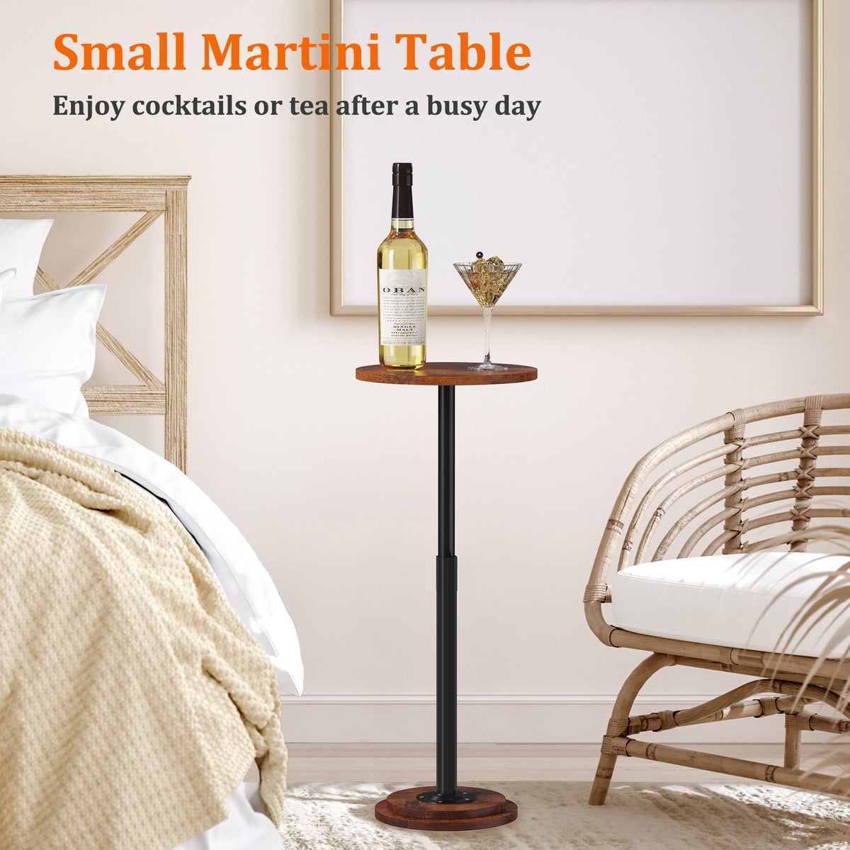 Jchccu Drink Table, Small Side Table with Adjustable Height & Heavy-Duty Design, Pedestal Martini Tables for Small Spaces, Sofa Couch, Living Room, Bedroom, Supports up to 88 lbs, Rustic Brown