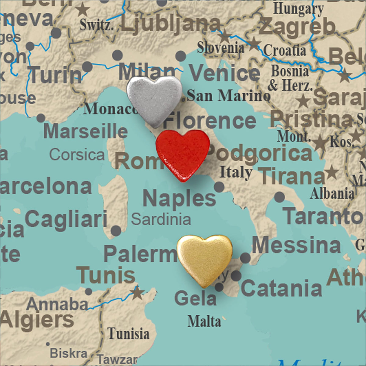 Mini Gold Heart Push Pins - Mini Gold Metal Heart Map Pins - for Cork Board, Maps, or Lapel Pin Use - Designed in USA - Set of 10