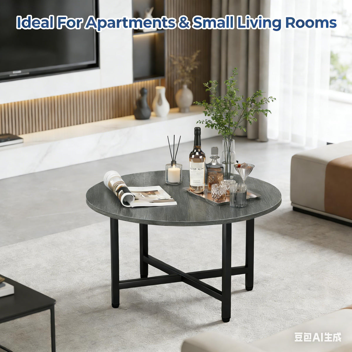 FAMIDGE Coffee Table, 23.6" Coffee Tables for Living Room, Round Coffee Table with Metal Frame, Floor Table for Sitting on The Floor, Home, Office, Elegant Gray