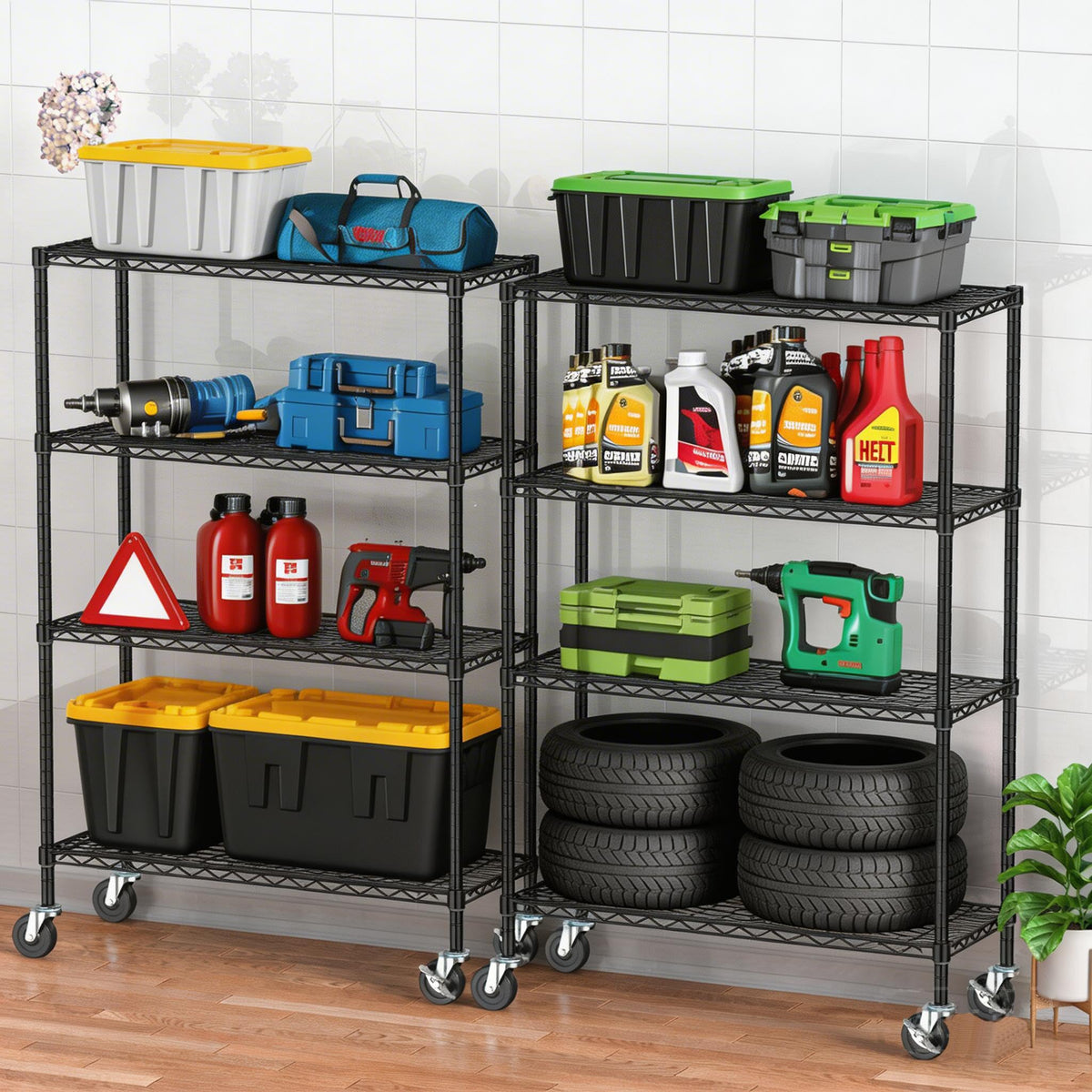 Alexayhome Storage Wire Shelving with Wheels 4-Tier Heavy Duty Garage Shelves Unit Metal Rolling Adjustable Organizer Rack Steel Wire Industrial Shelving for Kitchen Garage Pantry Office Bathroom