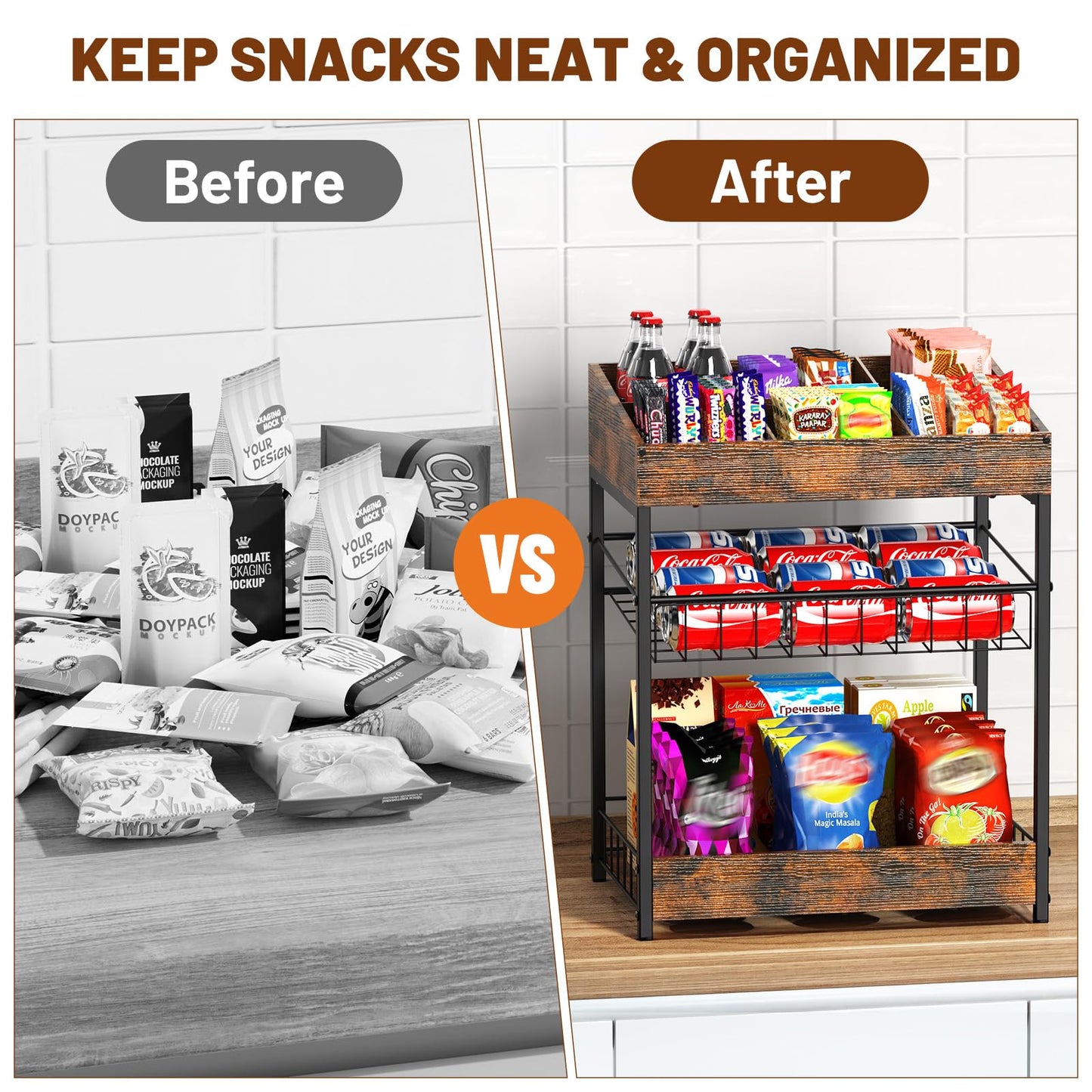 Kssiaz Candy Display Rack, 3 Tier Snack Rack Display for Countertop, Snack Organizer for Pantry, 6 Adjustable Compartment, Retail Display Shelf for Kitchen, Counter, Office, Brown
