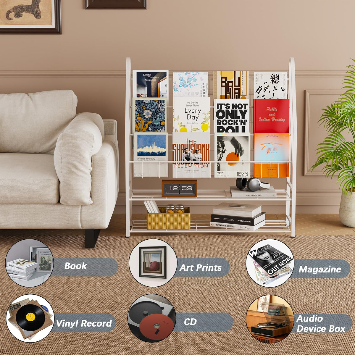 Arbuxzuy Magazine Rack Small Metal for Storage Freestanding 11.8" D x 32.3" W x 38.2" H, Sofa Height Short Book Shelf for Display and Storage, Ladder Bookcase for Home Office, White