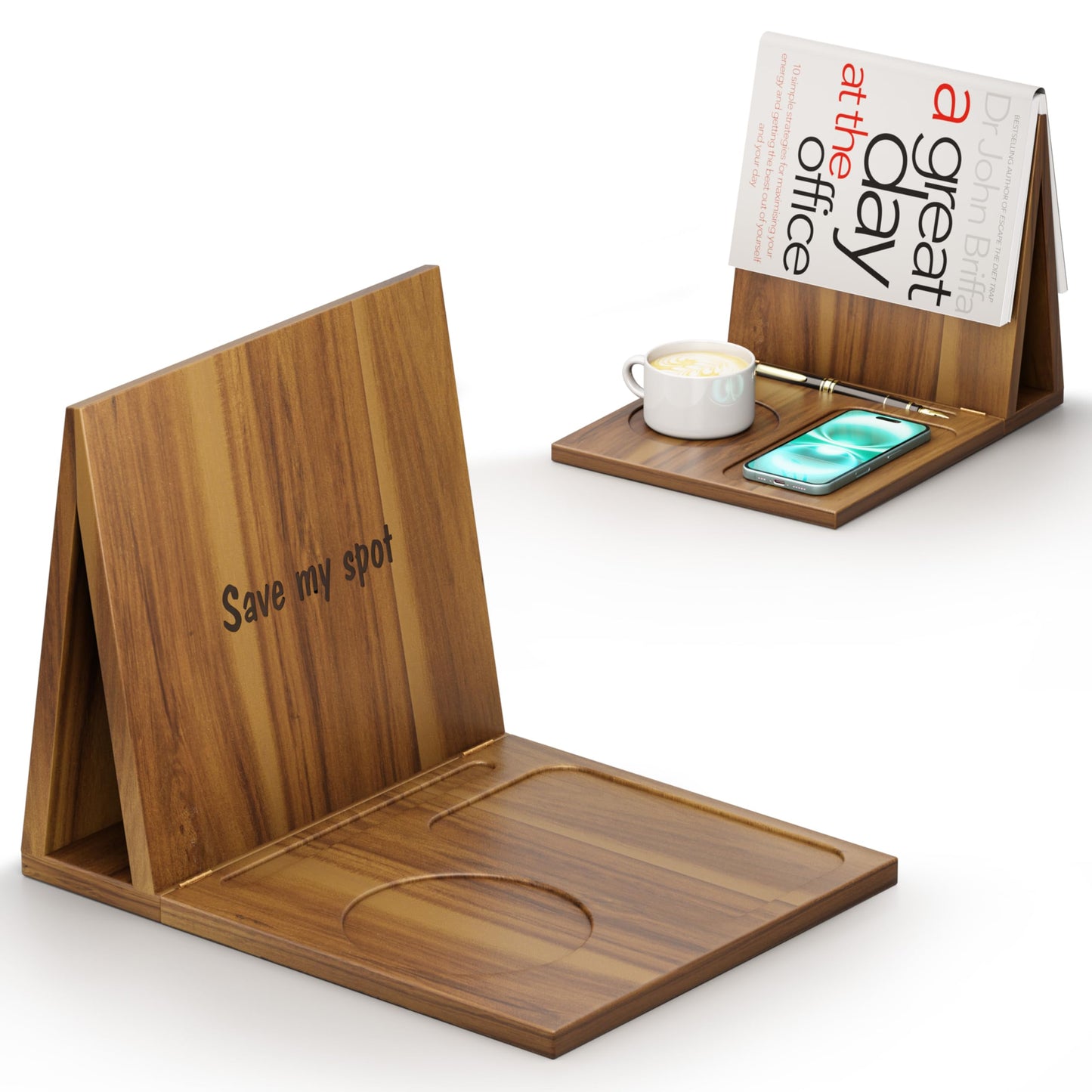 NAGAWOOD Triangle Book Holder, Book Rest, Acacia Foldable Book Nook Reading Valet, Triangle Book Stand with Cup, Pen, Glasses and Phone Holder for Bedroom, Nightstand or Office, Gifts for Book Lover