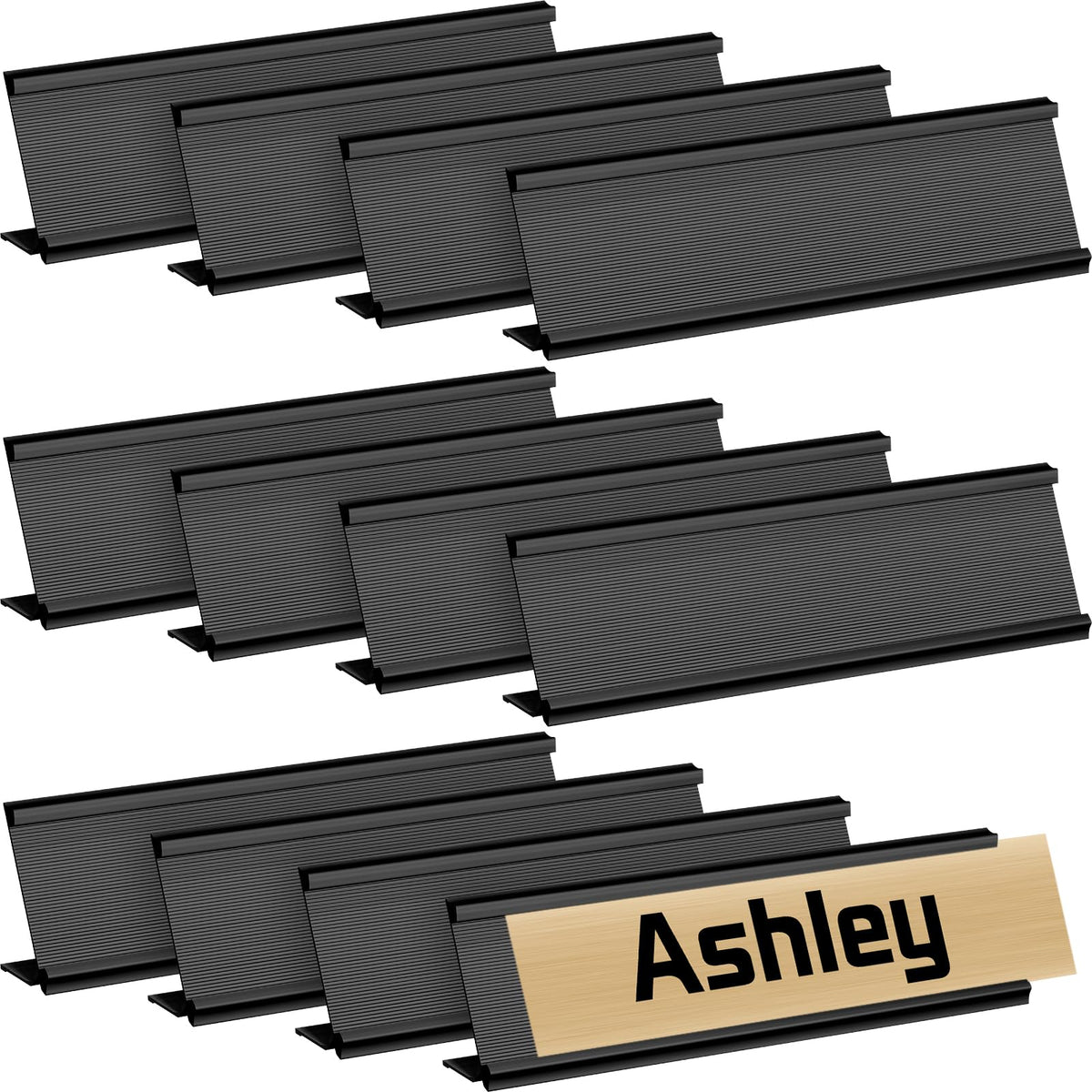 LEIFIDE 12 Pack Aluminum Name Plate Holder for Desk 2 x 8 Inch Blank Name Plates Office Business Desk Holder Desktop Table Display for Back to School Business Office Meeting Teacher Classroom(Black)