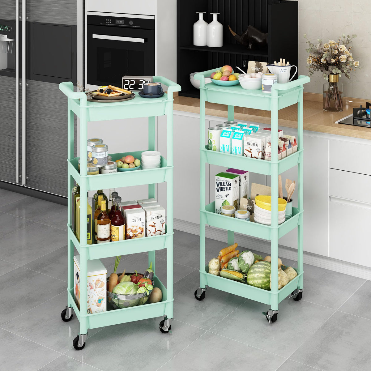 MIOCASA Utility Rolling Cart with Detachable Tray Top, 4-Tier Kitchen Storage Organization, Art Cart with Wheels for Office, Classroom, Livingroom, Kitchen, Bathroom (Green, 4-Tier-Plastic)