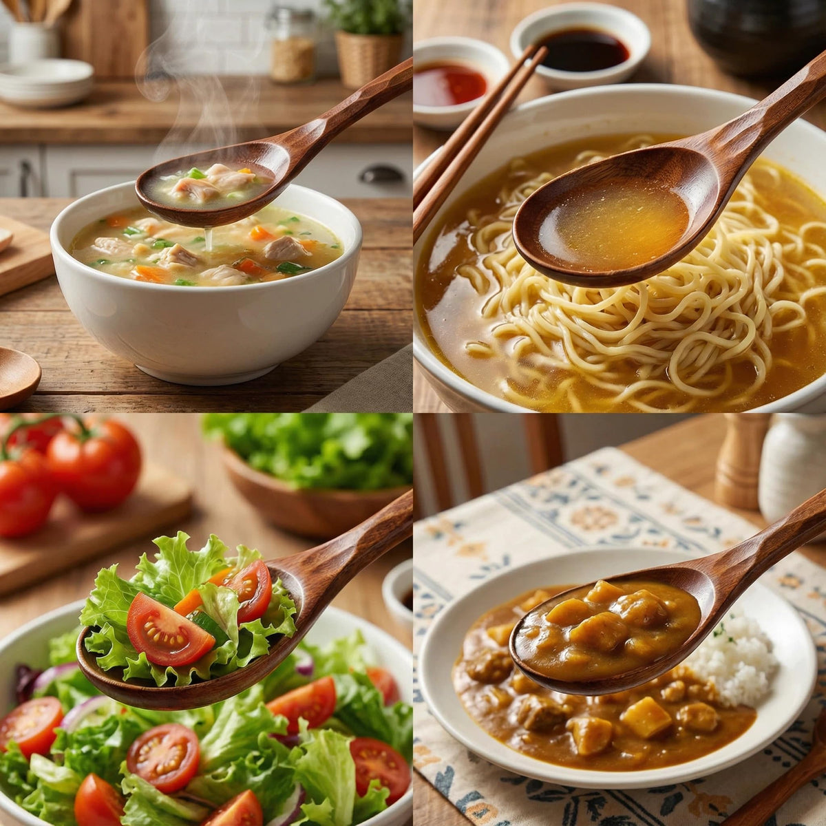 Diulazin Handmade Wooden Spoons for Eating, Japanese Ramen Spoon Set with Long Handle, Perfect for Rice, Desserts, and Cooking - Stylish Kitchen Utensils (6 PCS)