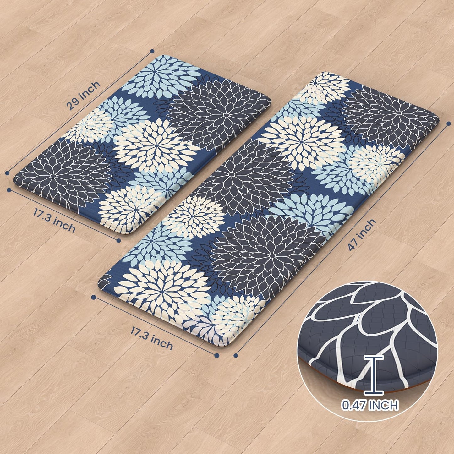 Anti Fatigue Kitchen Mats 2PCS,Boho Dahlia Kitchen Rugs Non Slip Rubber Backing,Farmhouse Waterproof Kitchen Mat for Floor,Cushioned Standing Mat for Kitchen,Sink,Desk,Mutil-Blue