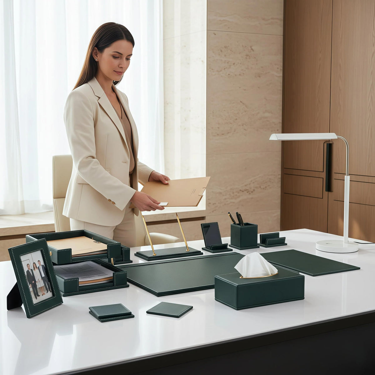 RitPin Leather Desk Set, 15-Piece Leather Desk Organizer, Executive Desk Organizer with Desk Pad & Blotter, 2-Tier Tray, Pen Holder, Office Accessories, Executive Desk Accessories(Green)