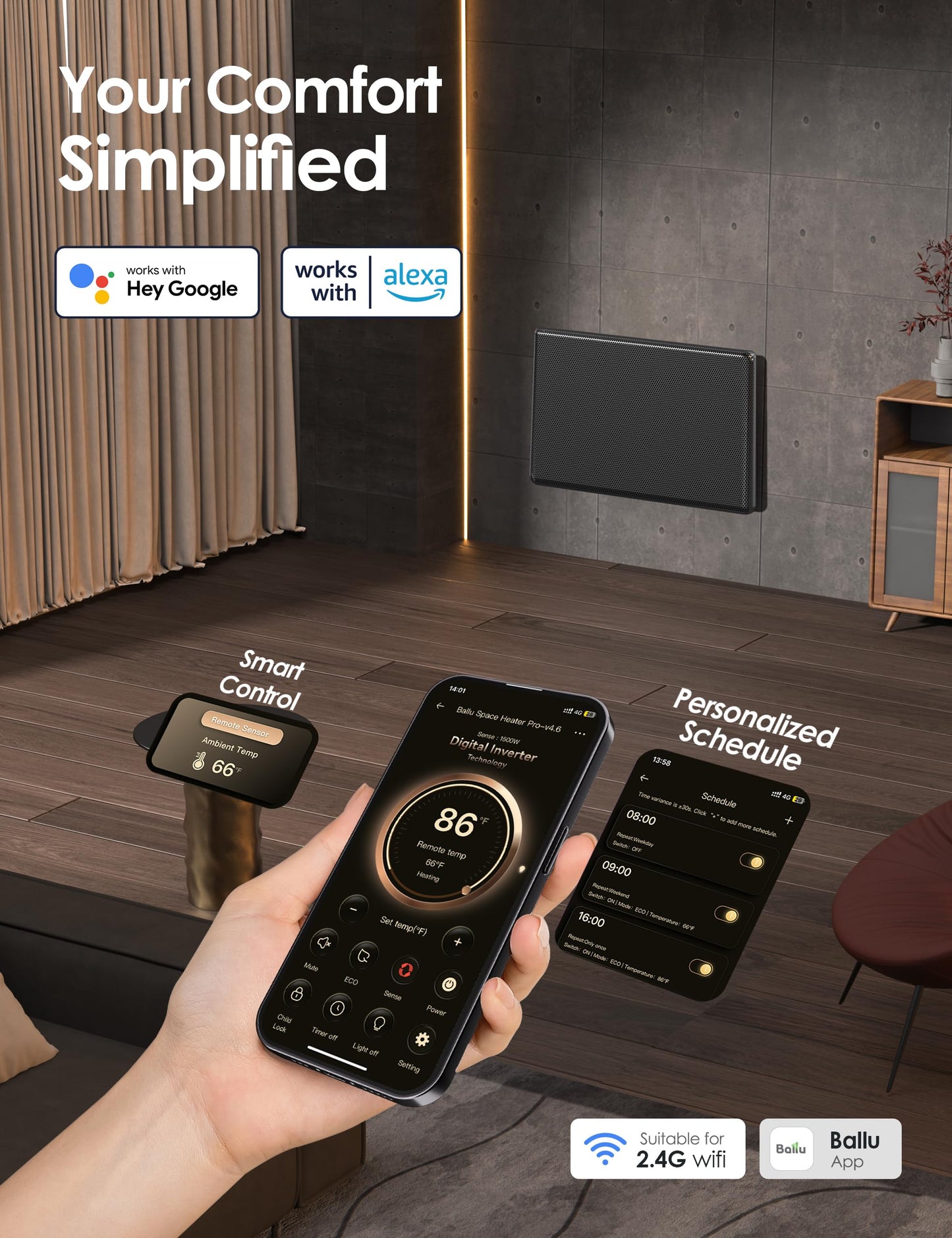 Ballu Mica Infrared Panel Space Heater for Large Room,Smart Quiet Heater with Programmable Thermostat,WiFi App Control,Inverter Energy Efficient for Indoor Use,Compatible with Alexa,Black