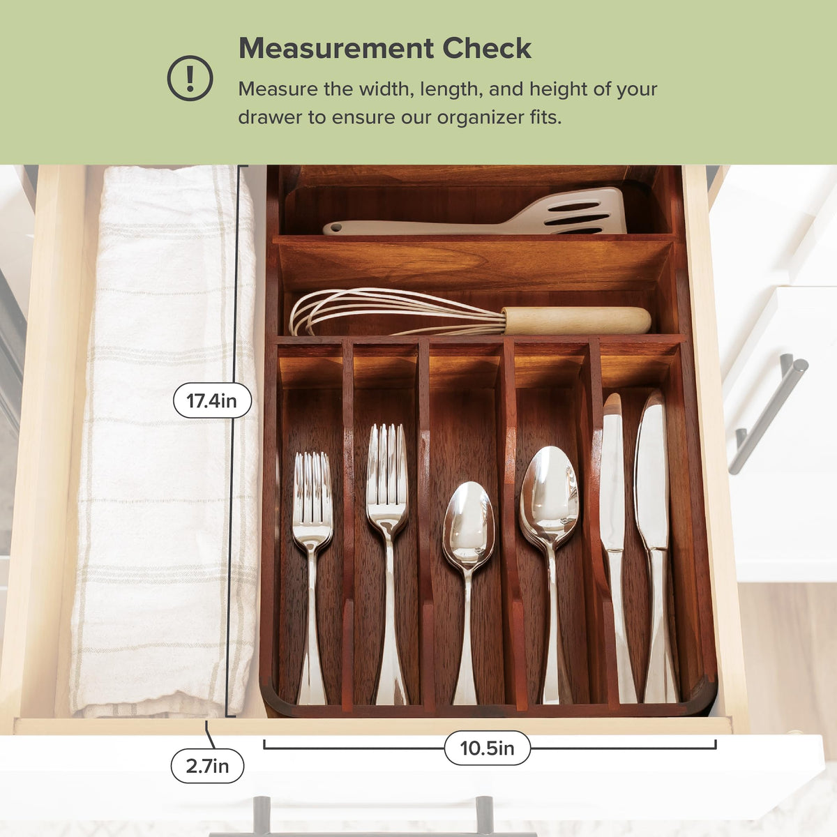 KitchenEdge Silverware Organizer - Cutlery, Flatware, and Utensil Holder for Kitchen Drawers, Fixed 10.5” Width, 7 Storage Compartments, Non-Slip Feet, Rounded Corners, Acacia Wood