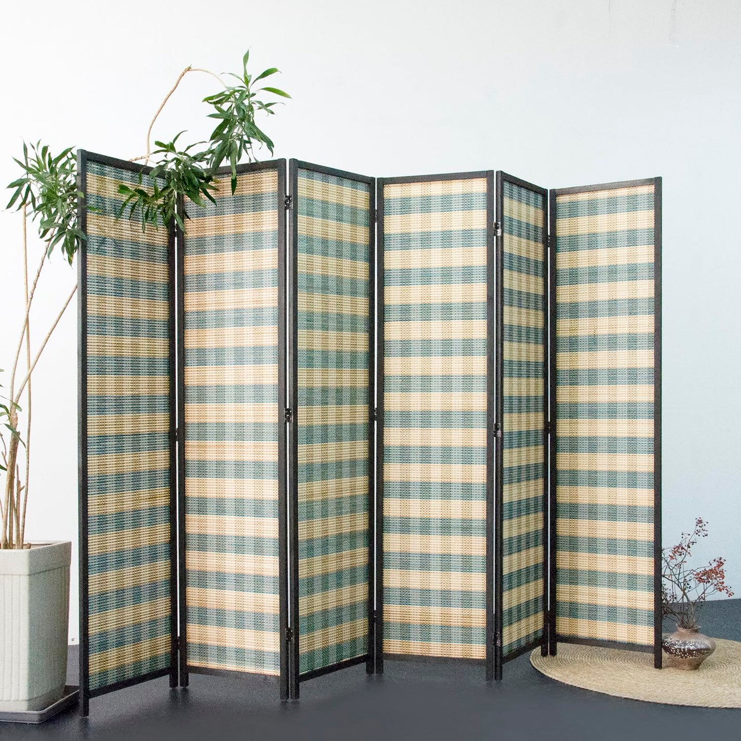 Furnnylane 6 Panel Bamboo Room Divider - 5.6 ft Tall (67" H x 94.5" W), Double-Sided Folding Privacy Screen in Blue Woven Stripe, No-Drill Freestanding Partition for Home Office & Bedroom