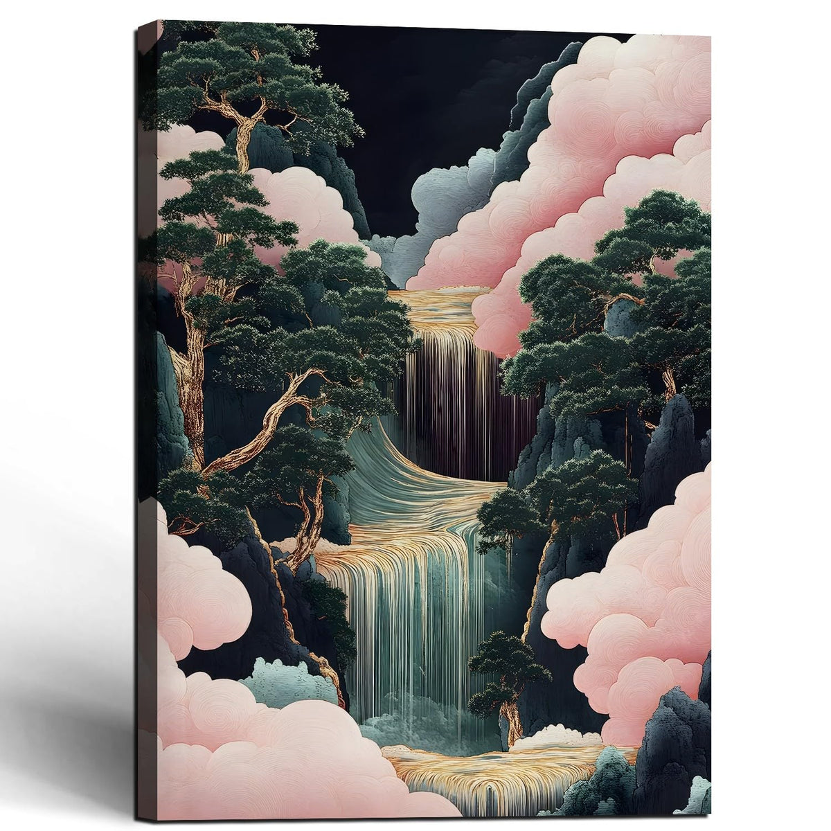 Framed Japanese Waterfall Landscape Picture Pink Clouds Wall Art Decor Canvas Print Nature Print Artwork Poster Gallery Bedroom Living Room Office 12x16 Inch Ready to Hang