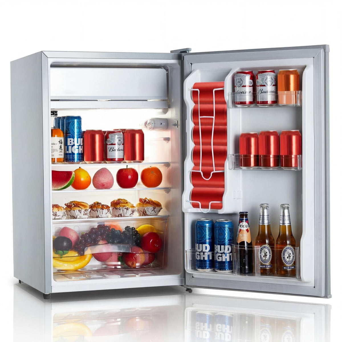 MegaChoice 4.3 Cu.ft Mini Fridge with Freezer, Compact Refrigerator with 7-Level Temperature Control, Single Door Design, Removable Glass Shelves and Crisper Drawer for Bedroom, Dorm, Office, White
