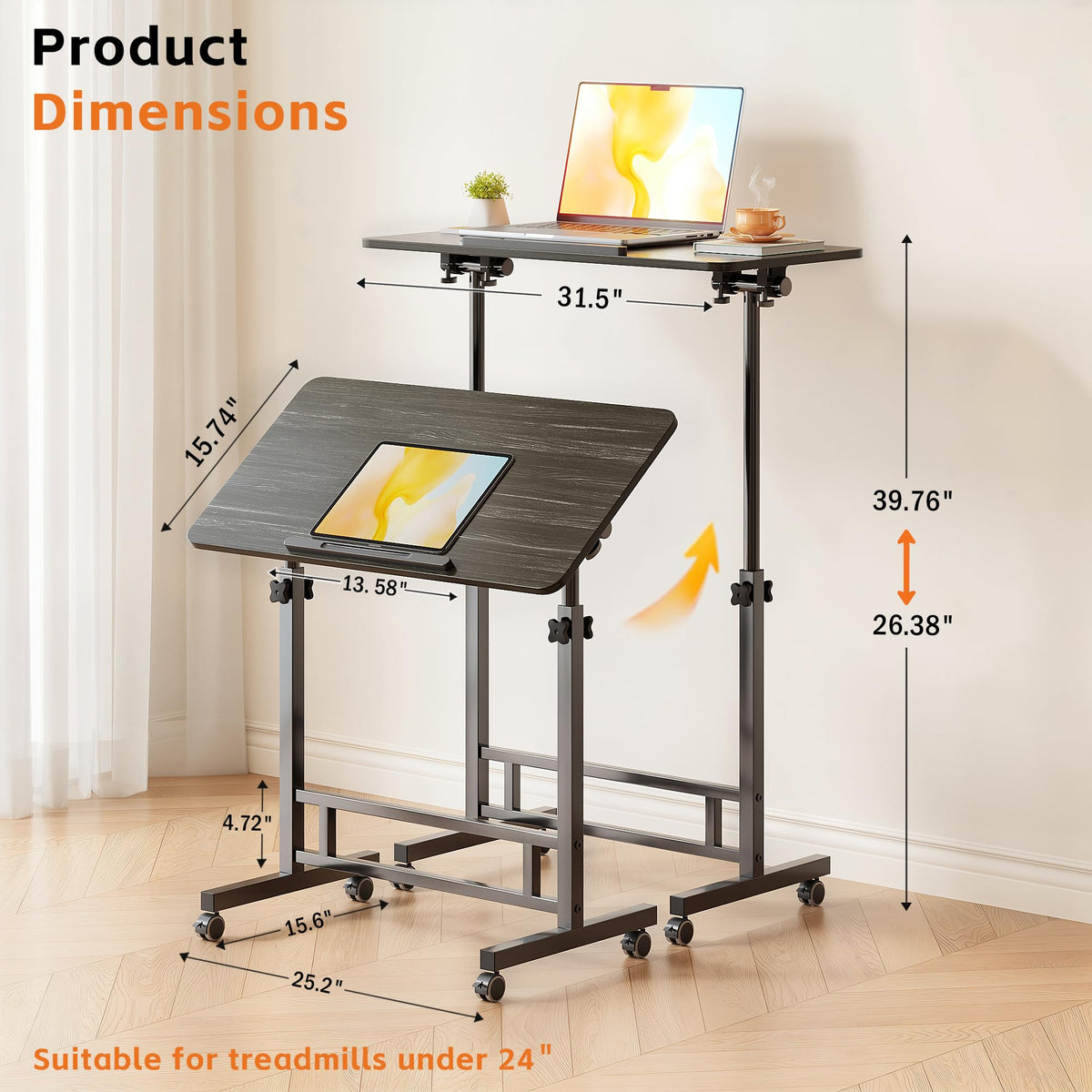 Furist Small Standing Desk Adjustable Height 32 Inch Mobile Sit Stand up Desk Portable Rolling with Wheels Standing for Walking pad Treadmill Black