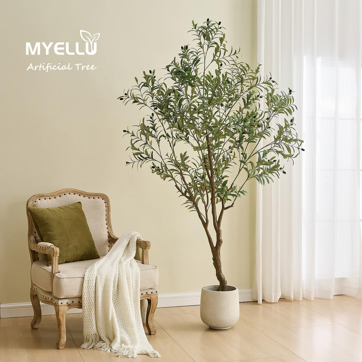 MYELLU 7FT Olive Tree Artificial Plant Decor - Tall Fake Tree for Home Decor Faux Plant Indoor 2000 Leaves Artificial Olive Tree for Living Room Bedroom Office Live Streams Decorative Modern Greenery